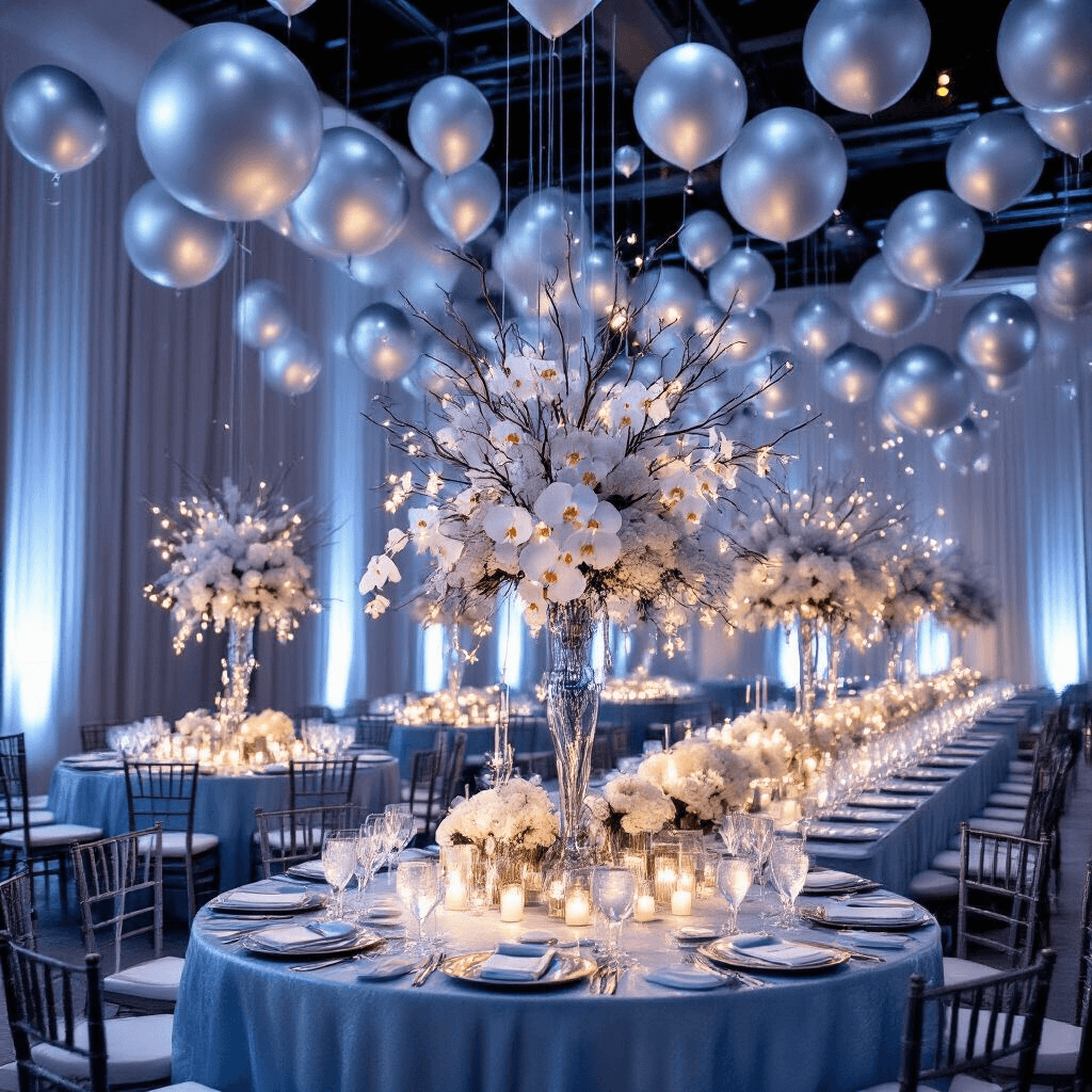 Dazzling Silver Balloons: The Ultimate Guide to Glamorous Event Decor A beautifully decorated indoor ballroom transformed into a winter wonderland, featuring floating silver balloons, icy blue table linens, elegant centerpieces with silver branches and white orchids, and glowing candelabras, highlighting the interplay of light on metallic surfaces.