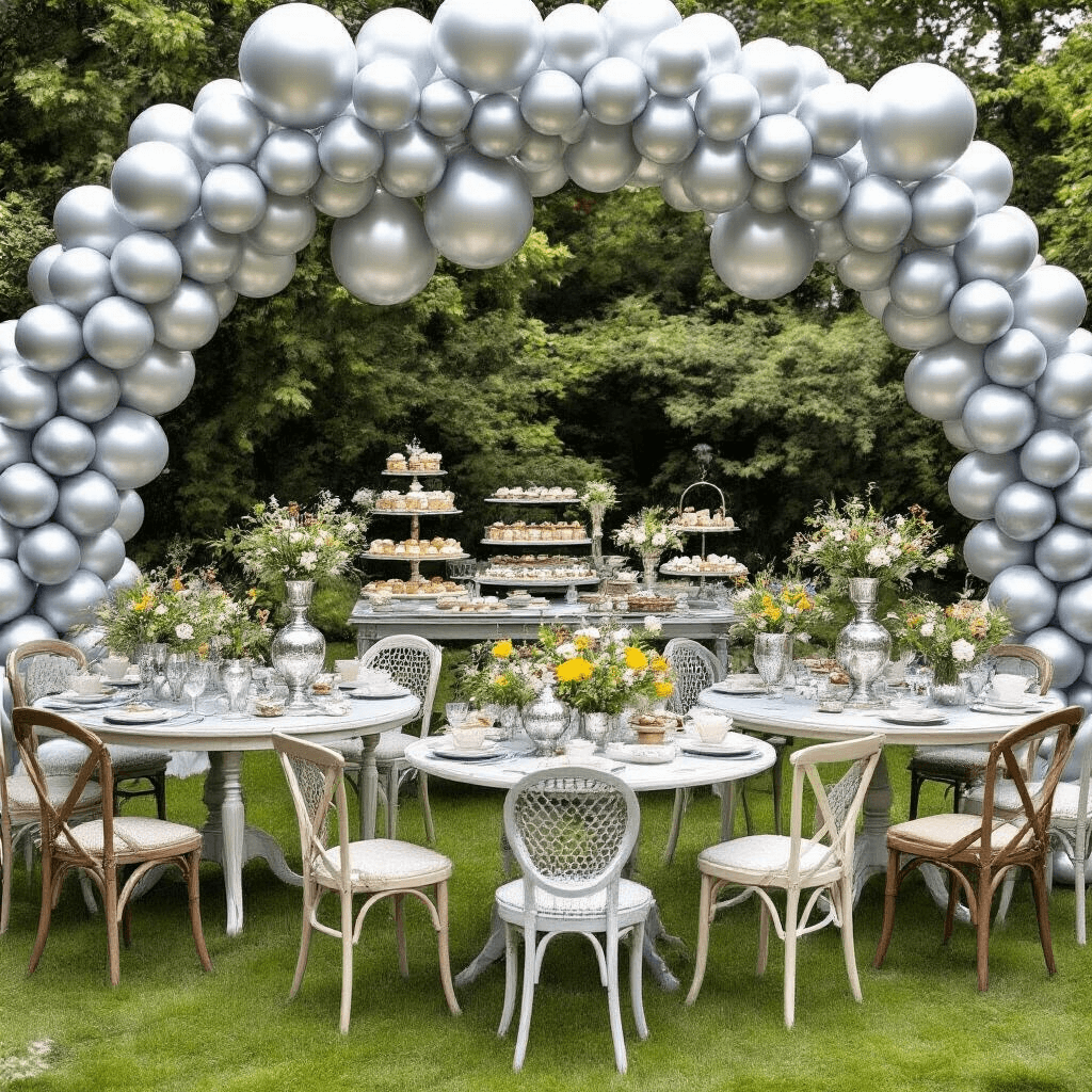 Dazzling Silver Balloons: The Ultimate Guide to Glamorous Event Decor A whimsical garden party scene featuring mismatched vintage furniture, silver balloon arches, and unique wildflower centerpieces, captured from above to showcase the contrast between metallic decor and lush greenery.