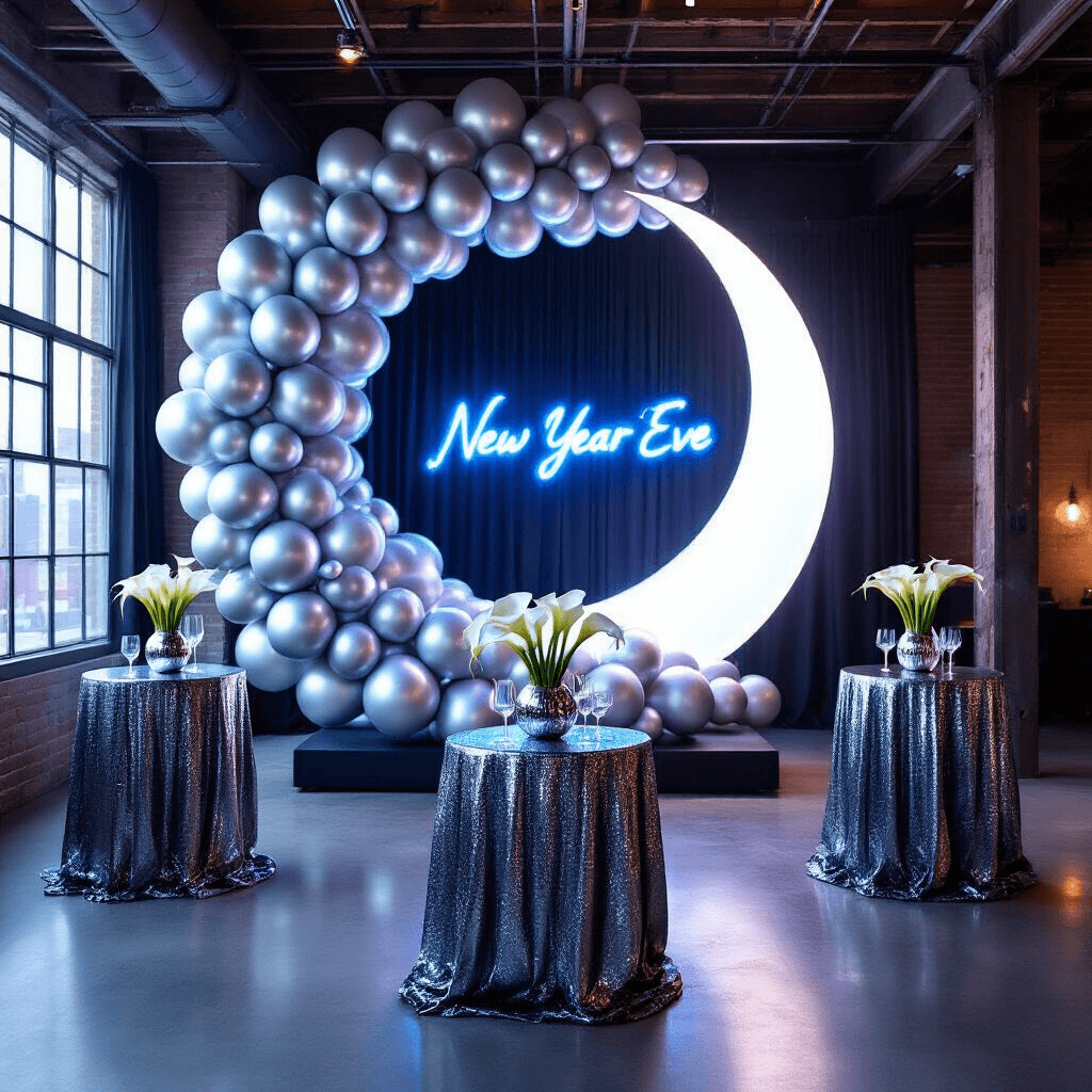 Dazzling Silver Balloons: The Ultimate Guide to Glamorous Event Decor A modern loft transformed for a New Year's Eve party, featuring a crescent moon balloon installation, gunmetal sequin cocktail tables, geometric silver vases with white calla lilies, and a cool blue neon sign, creating a futuristic ambiance.
