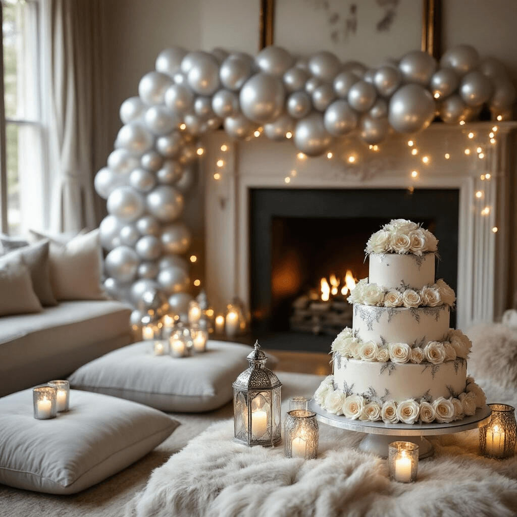 Dazzling Silver Balloons: The Ultimate Guide to Glamorous Event Decor A cozy living room decorated for an intimate anniversary celebration, featuring a silver and pearl balloon garland over the fireplace, fairy lights, plush floor cushions, and a tiered cake adorned with edible silver leaf.