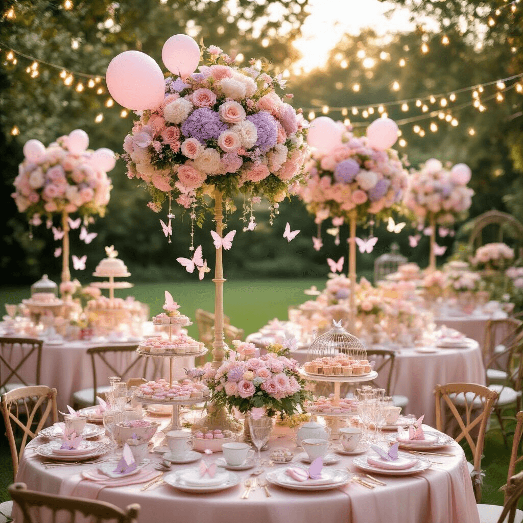 Butterfly Balloons: The Ultimate Party Decor Magic for Whimsical Celebrations A whimsical garden party during golden hour, featuring round tables with blush silk linens, towering pastel flower centerpieces, butterfly balloons, twinkling fairy lights overhead, ornate birdcages filled with flowers, vintage teacups, and a dessert cart with pastel macarons and butterfly-topped cupcakes.