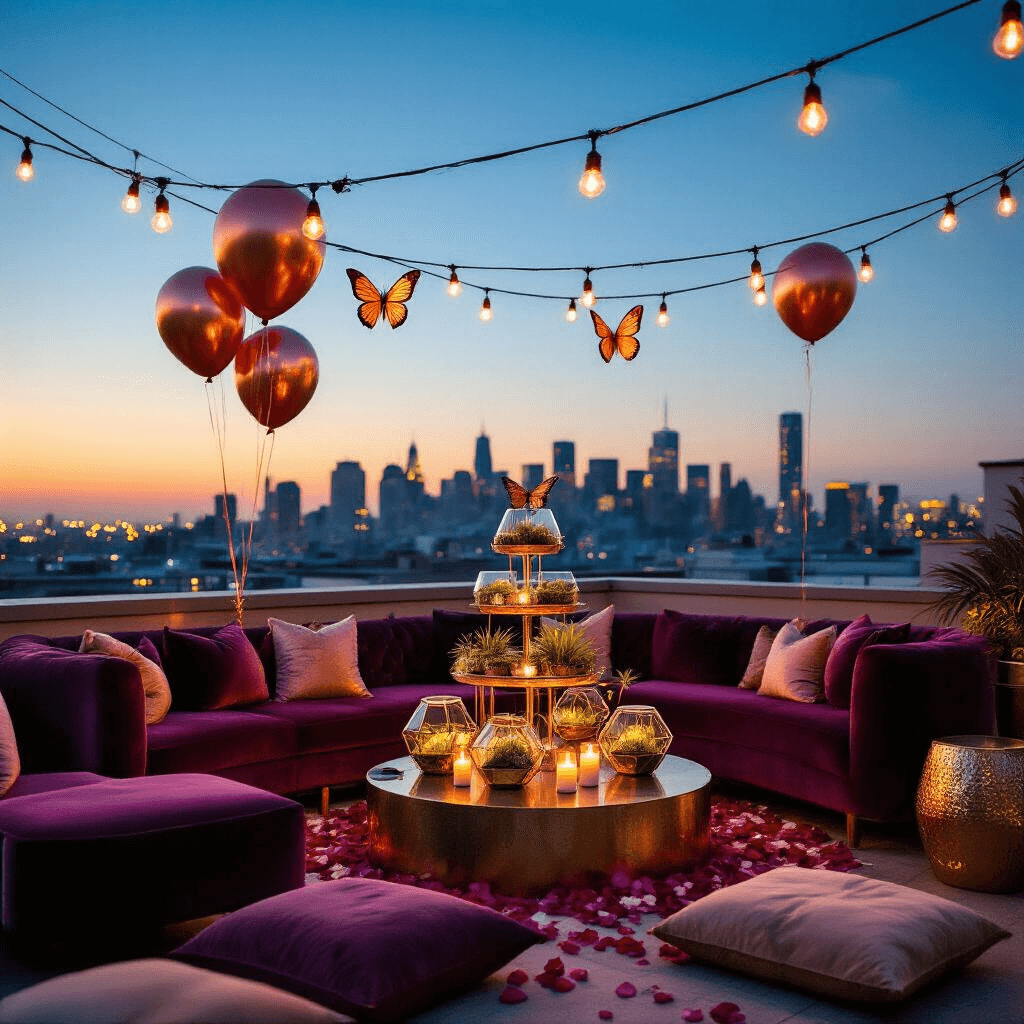 Butterfly Balloons: The Ultimate Party Decor Magic for Whimsical Celebrations An intimate rooftop terrace celebration at twilight, featuring string lights, jewel-toned velvet sofas, gold geometric terrariums with air plants, a central champagne tower, floating candles, rose petals, and a stunning city skyline backdrop with holographic butterfly balloons.