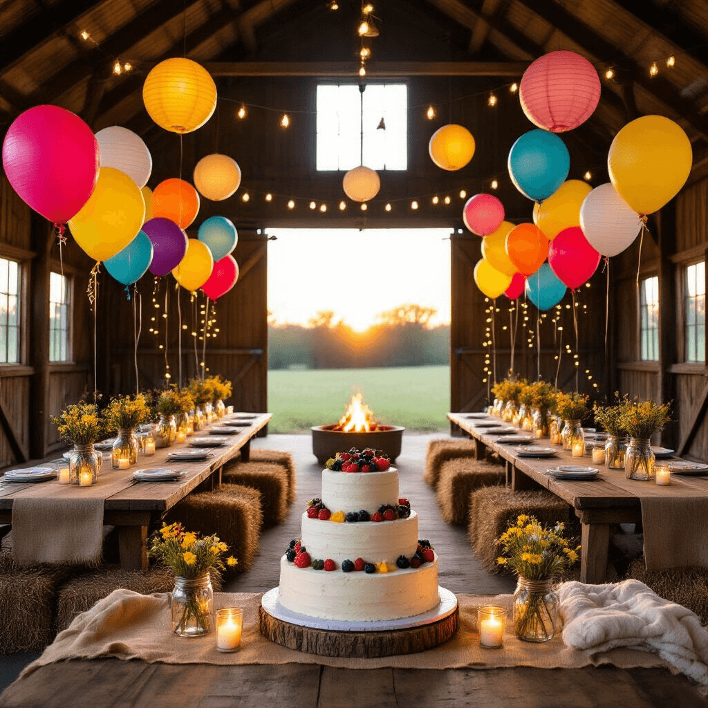 Butterfly Balloons: The Ultimate Party Decor Magic for Whimsical Celebrations A rustic barn decorated for a magical birthday celebration, featuring wooden tables with burlap runners, mason jars of wildflowers, oversized butterfly balloons, a tiered naked cake with berries, hay bales with blankets around a fire pit, and fairy lights illuminating the scene as the sun sets.