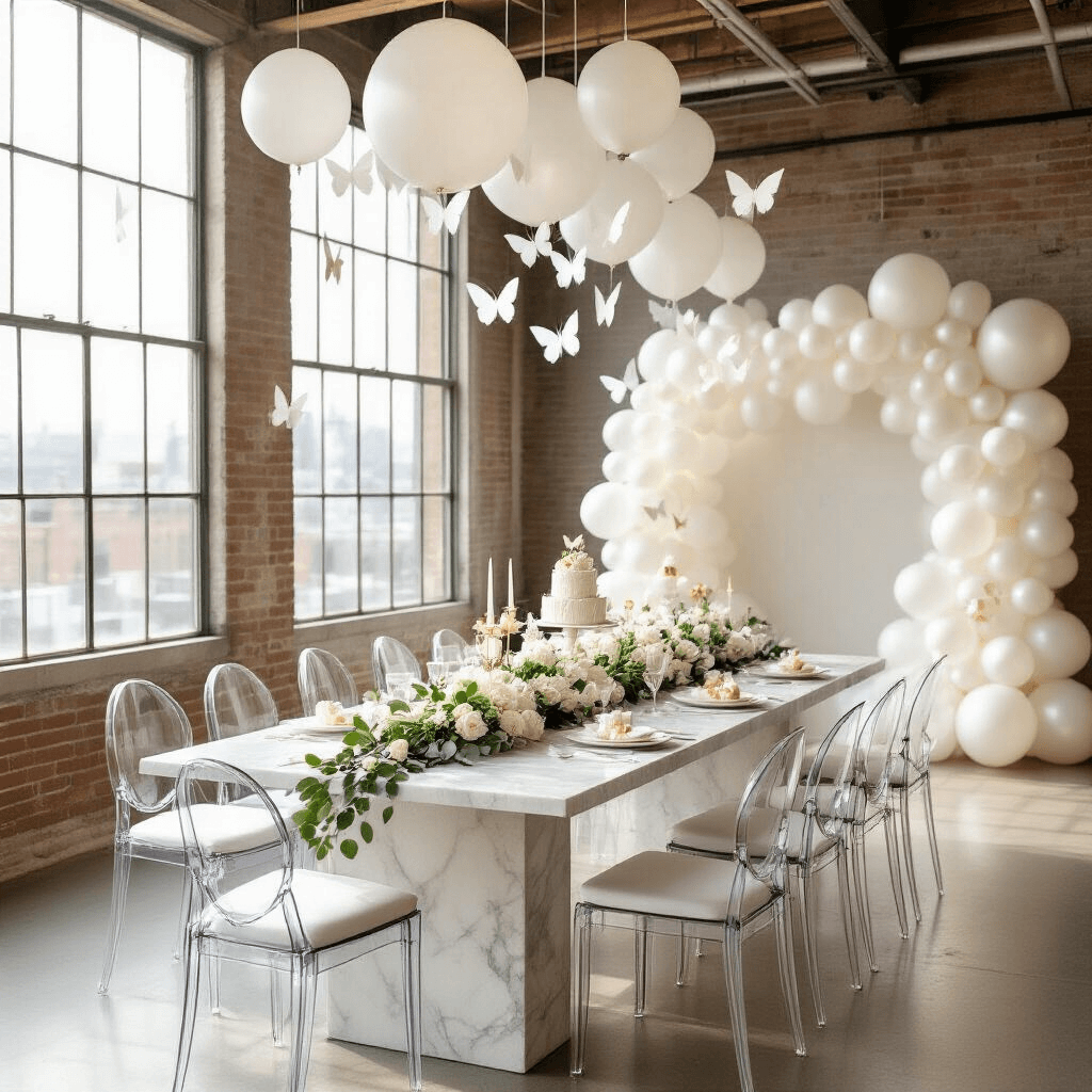 Butterfly Balloons: The Ultimate Party Decor Magic for Whimsical Celebrations A luxurious minimalist baby shower setup in a modern loft, featuring a long marble dining table with eucalyptus and white roses, ghost chairs, suspended paper butterfly cutouts, and a backdrop of pearlescent balloons, complemented by elegant monochromatic white desserts on lucite cake stands.