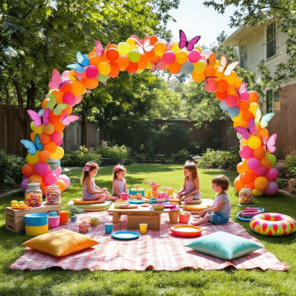 Butterfly Balloons: The Ultimate Party Decor Magic for Whimsical Celebrations A vibrant kids' birthday party in a sunlit backyard featuring a colorful balloon arch, picnic blankets with bright plates, a butterfly craft station, a candy buffet with a giant butterfly piñata, oversized foam blocks, hula hoops, and a face painting station for children.