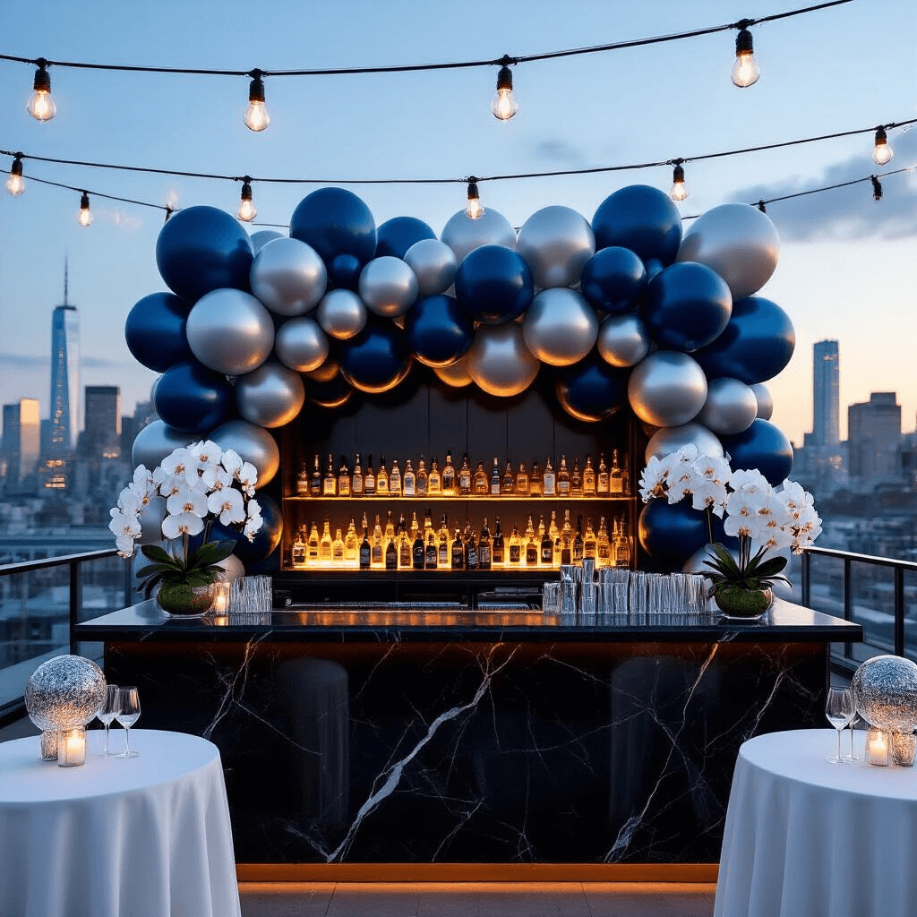Birthday Balloons: The Ultimate Guide to Creating Memorable Celebrations An elegant rooftop cocktail party at twilight features a polished black marble bar illuminated by Edison bulbs, a stunning gradient balloon wall in sapphire blue and silver, and high-top tables with white orchids, all set against a chic urban skyline.