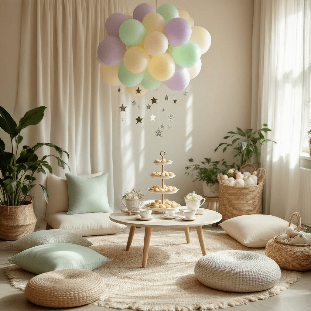 Birthday Balloons: The Ultimate Guide to Creating Memorable Celebrations A cozy living room decorated for a baby shower, featuring pastel colors, plush floor cushions, a low coffee table set with delicate teacups and treats, and a balloon installation overhead, all illuminated by soft morning light.