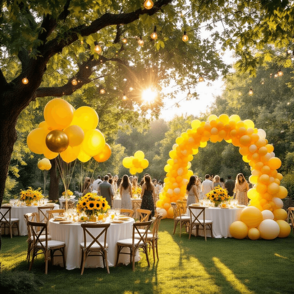 Sunshine in a Balloon: The Ultimate Guide to Yellow Balloon Decor A vibrant garden party scene during golden hour, featuring guests mingling under a canopy of lush trees, surrounded by yellow balloons, round tables with white linens and sunflowers, a grand balloon arch, and twinkling fairy lights overhead.