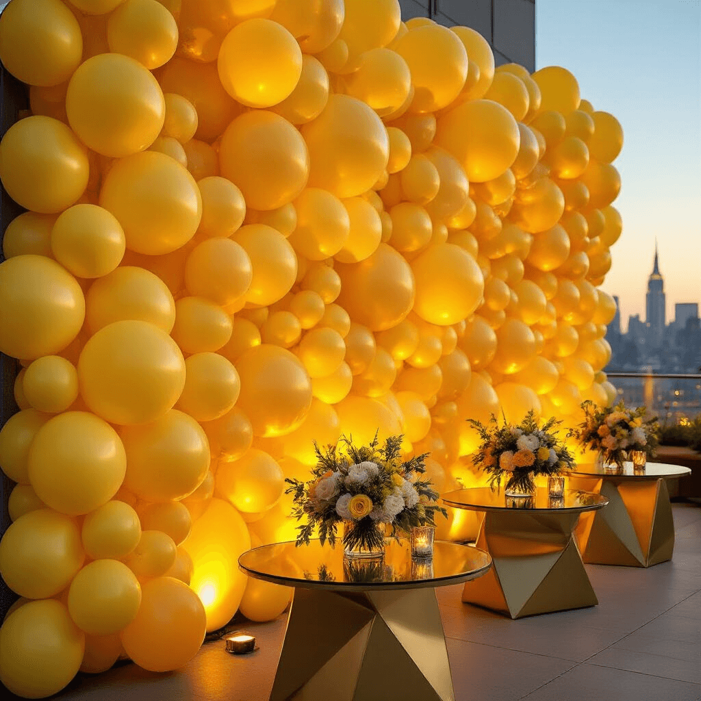 Sunshine in a Balloon: The Ultimate Guide to Yellow Balloon Decor A close-up of a vibrant yellow balloon installation at a chic rooftop corporate event, with a twilight city skyline in the background. The scene features modern cocktail tables with geometric gold bases and elegant floral arrangements, all illuminated by warm up-lighting.