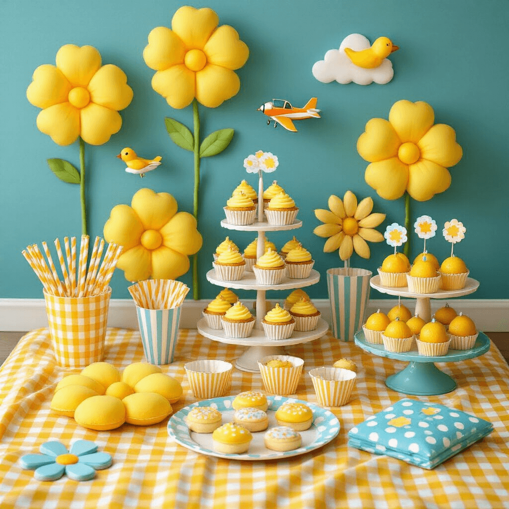Sunshine in a Balloon: The Ultimate Guide to Yellow Balloon Decor A whimsical children's party setup featuring a yellow gingham picnic blanket with oversized balloon flowers, surrounded by striped paper straws, polka dot cupcake toppers, a tiered stand of lemon desserts, toy airplanes, and cloud-shaped cookies.