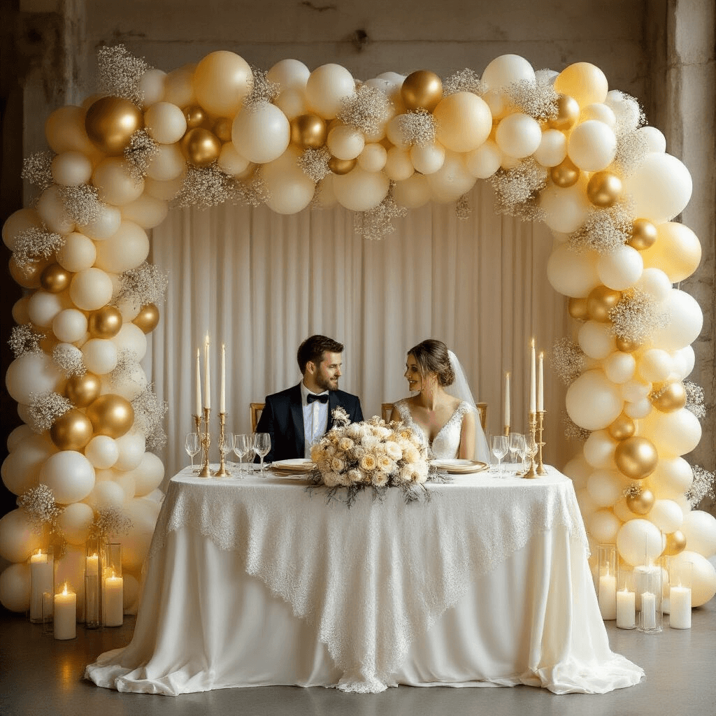 Sunshine in a Balloon: The Ultimate Guide to Yellow Balloon Decor An elegant wedding reception detail shot featuring a stunning head table framed by a soft butter yellow, ivory, and gold balloon garland, adorned with delicate baby's breath. The table showcases a luxurious silk tablecloth with a lace overlay, ceramic chargers, and gold-rimmed glassware, illuminated by varying heights of taper candles emitting a warm, romantic glow.