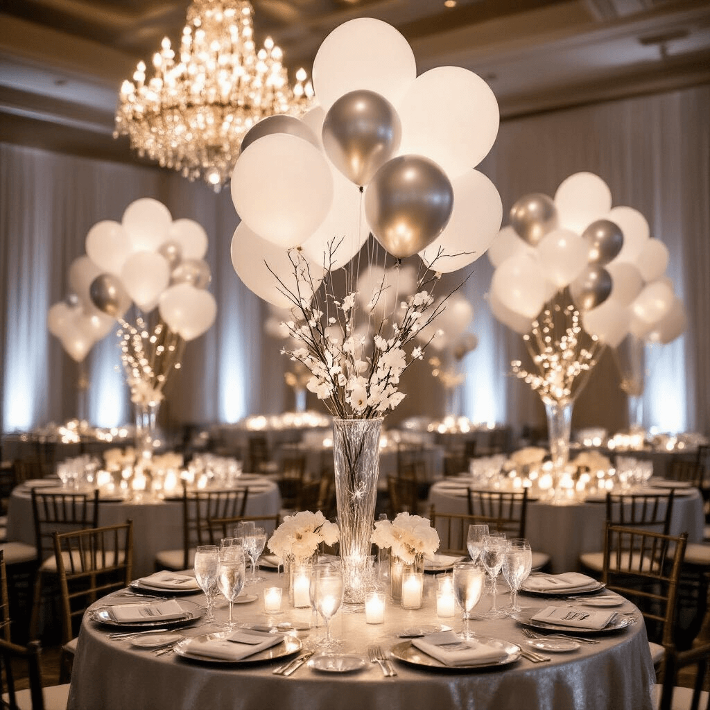 Illuminate Your Celebrations: The Ultimate Guide to LED Balloons An elegant winter wedding reception in a grand ballroom, featuring glowing white and silver LED balloons, crystal chandeliers, shimmering table linens, and tall glass vase centerpieces with white orchids, creating a magical atmosphere.