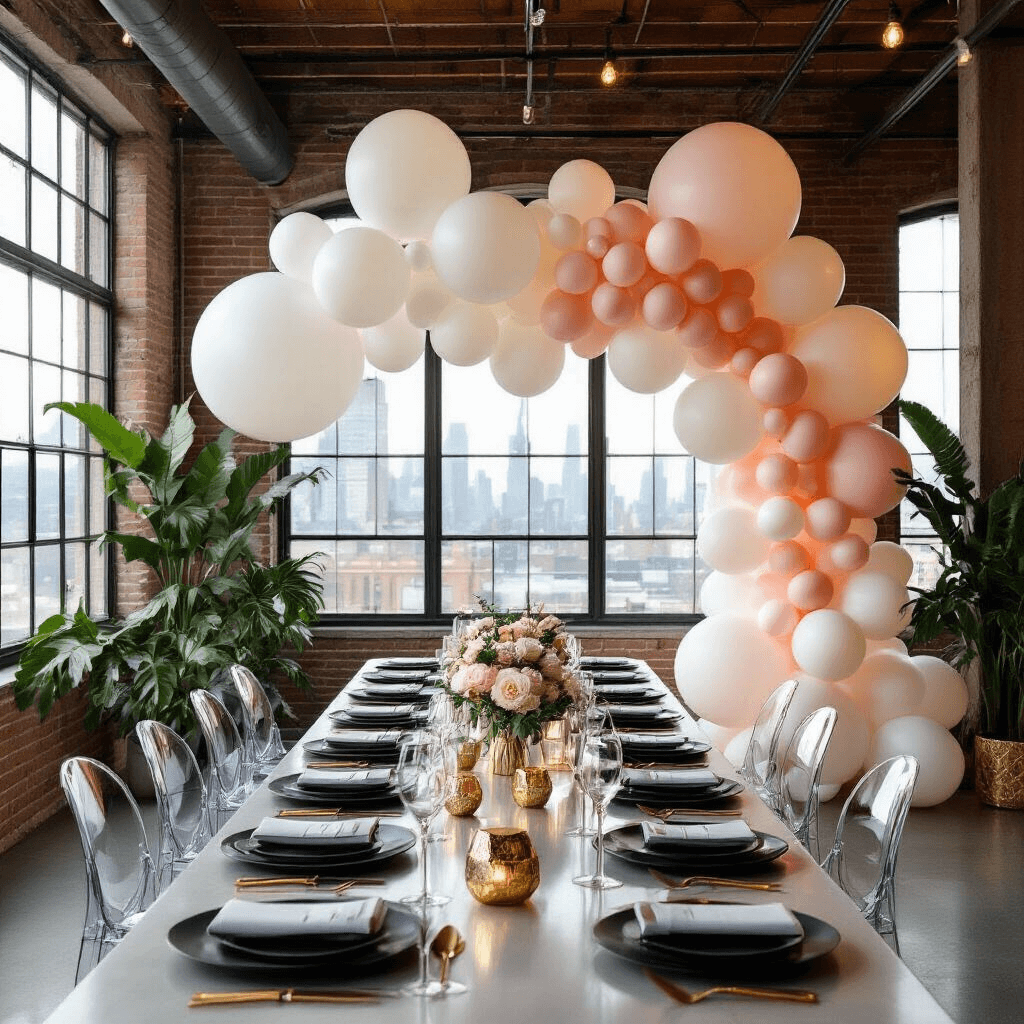 Illuminate Your Celebrations: The Ultimate Guide to LED Balloons Chic minimalist engagement party in a modern loft with exposed brick walls, featuring sleek tables set with matte black plates and gold cutlery. Oversized white LED balloons in asymmetrical clusters and an ombré balloon arch create a striking photo backdrop, complemented by potted monstera plants and geometric gold terrariums.
