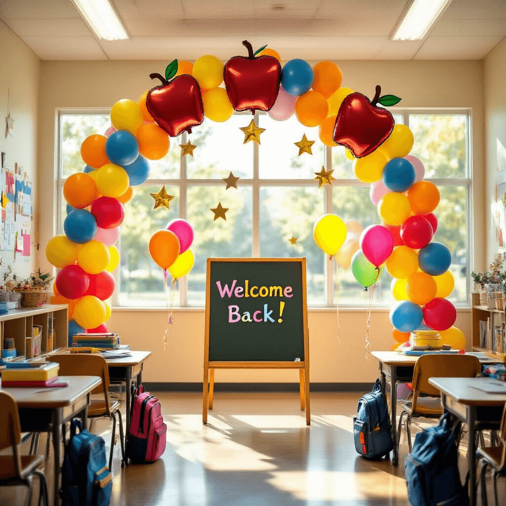 Back to School Balloons: The Ultimate Guide to Classroom Decor and Celebration A bright elementary school classroom on the first day of school, featuring a colorful balloon arch, cheerful welcome message on a chalkboard, floating helium balloons, and neatly arranged backpacks and supplies, all illuminated by warm morning light.