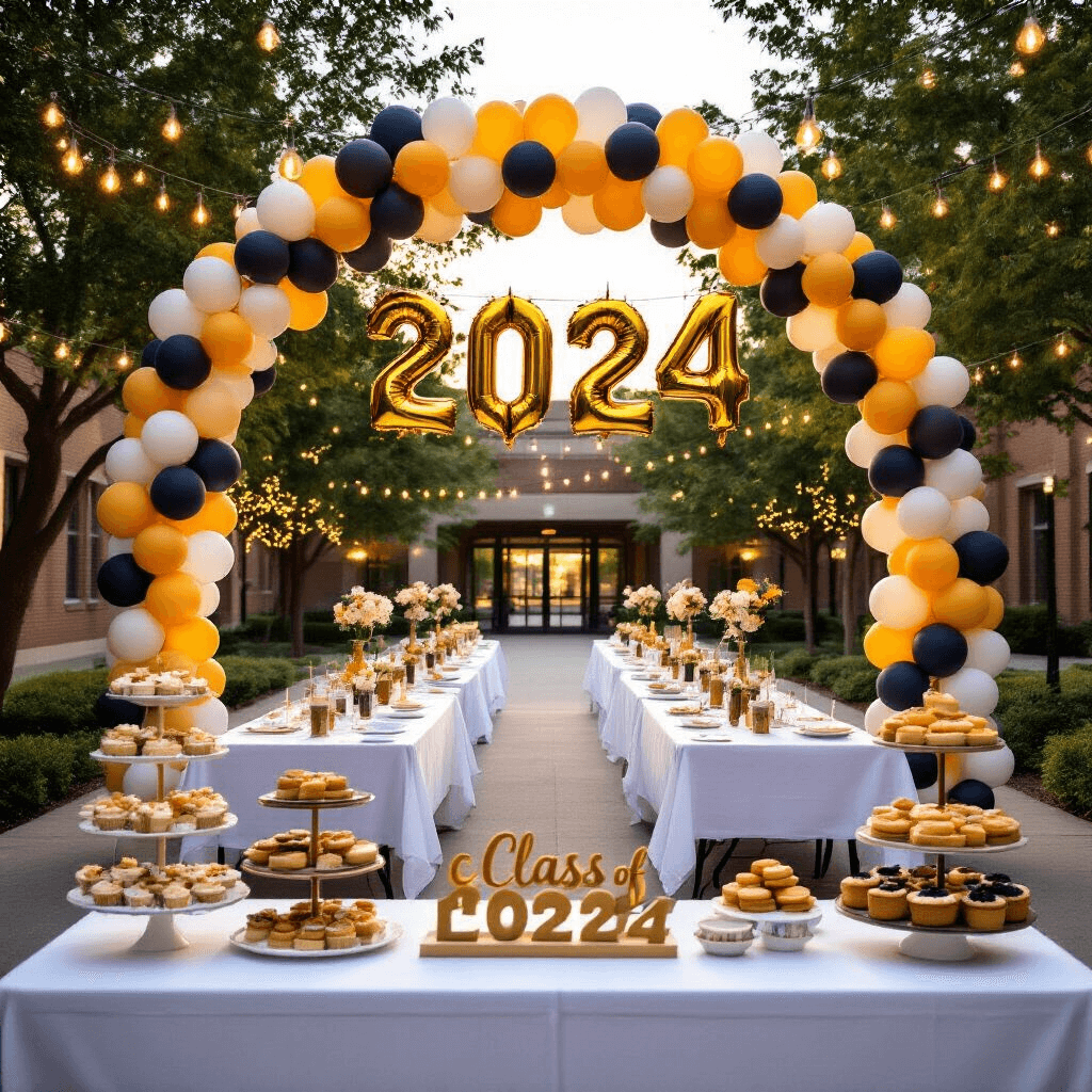 Back to School Balloons: The Ultimate Guide to Classroom Decor and Celebration An outdoor breakfast setup in a school courtyard at golden hour, featuring long tables with white linens and balloon centerpieces in school colors, a grand balloon arch, fairy lights overhead, and a coffee and pastry station with 'Class of 2024' signage, all captured from a low angle.