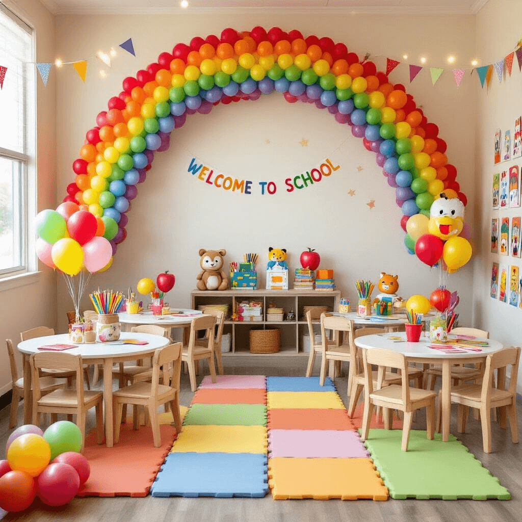 Back to School Balloons: The Ultimate Guide to Classroom Decor and Celebration A vibrant kindergarten classroom decorated for a 'welcome to school' party, featuring a balloon rainbow with themed objects, animal-shaped balloon centerpieces, a photo booth with alphabet balloons, cheerful cartoon character balloon bouquets, twinkle lights, and pastel bunting, all illuminated by soft morning light.