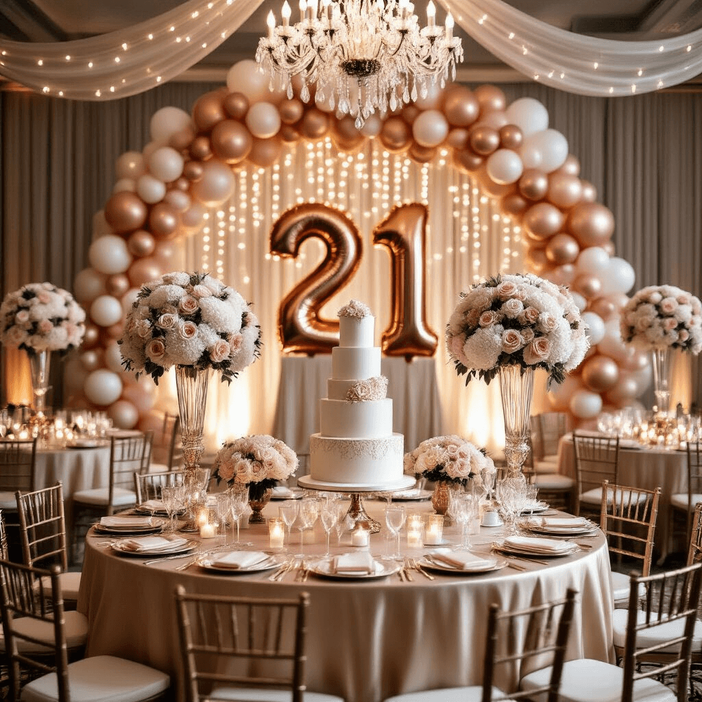 21 Balloons: The Ultimate Guide to Creating an Unforgettable 21st Birthday Celebration A lavish ballroom for a 21st birthday celebration, featuring champagne-colored tables with floral centerpieces, a balloon arch, a tiered cake, and twinkling fairy lights.