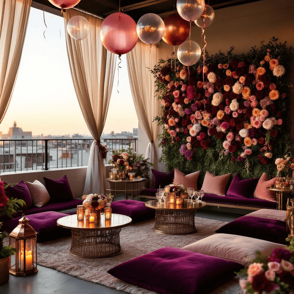 21 Balloons: The Ultimate Guide to Creating an Unforgettable 21st Birthday Celebration An elegant rooftop terrace set for a 21st birthday party, featuring low tables with plush velvet cushions, warm candlelight, a lush flower backdrop, and artfully arranged balloons.