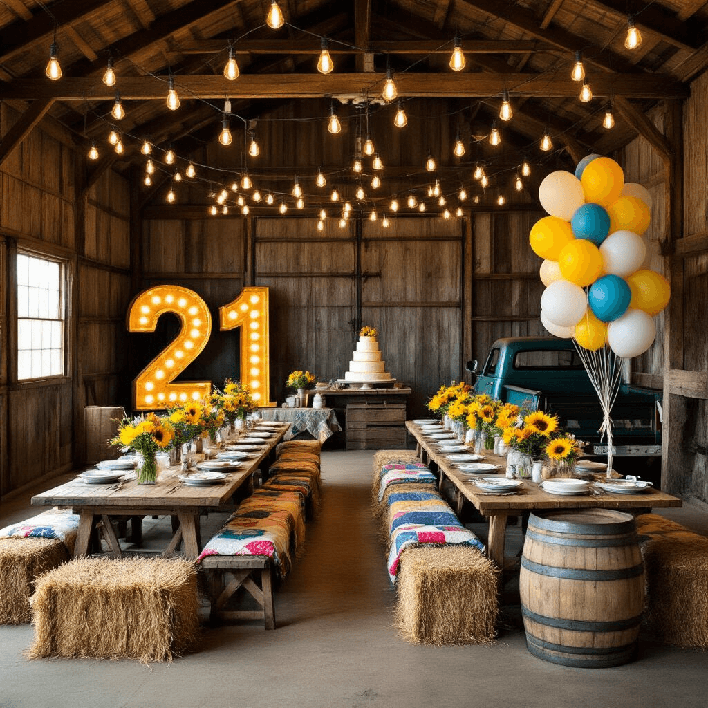 21 Balloons: The Ultimate Guide to Creating an Unforgettable 21st Birthday Celebration A rustic barn decorated for a 21st birthday party with Edison bulb lighting, long farmhouse tables set with mismatched china and wildflower centerpieces, a corrugated metal '21' sign against a reclaimed wood wall, clusters of yellow, blue, and white balloons, a dessert station with a naked cake on a whiskey barrel, haybales with quilts for seating, and a vintage pickup truck as a photo booth.