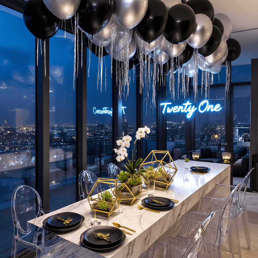 21 Balloons: The Ultimate Guide to Creating an Unforgettable 21st Birthday Celebration A modern apartment transformed for a glamorous 21st birthday celebration, featuring a cityscape view, a sleek marble bar with geometric gold terrariums, a dramatic balloon installation, a chic dining table set with elegant monochrome tableware, and a neon sign reading 'Twenty-One' above a stylish lounge area.
