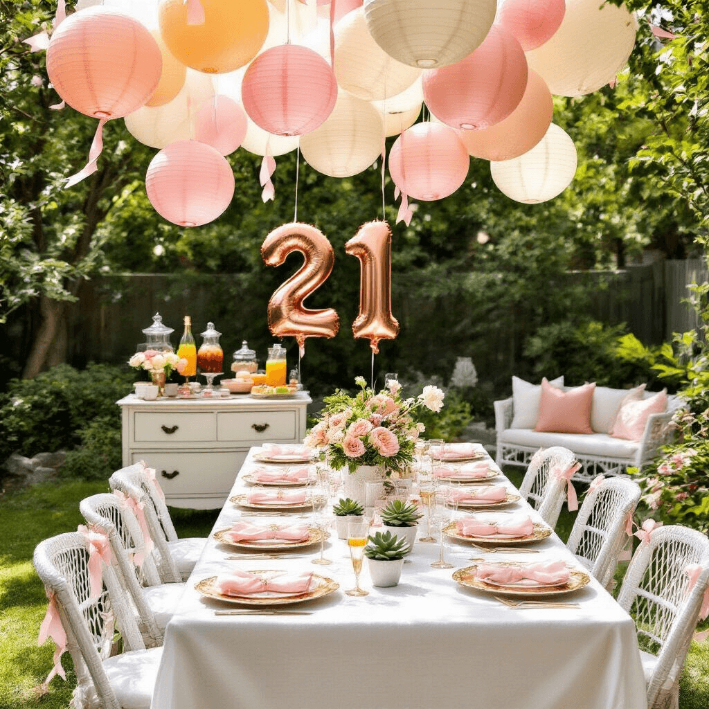 21 Balloons: The Ultimate Guide to Creating an Unforgettable 21st Birthday Celebration A sunlit backyard brunch for a 21st birthday featuring a long table with white linen, pastel balloon decor, gold-rimmed plates, blush napkins, and succulent pot name cards. A vintage dresser mimosa bar with crystal decanters and fresh fruits, oversized rose gold '21' balloons, and a cozy seating area with mismatched chairs and tiered cake stands of desserts.