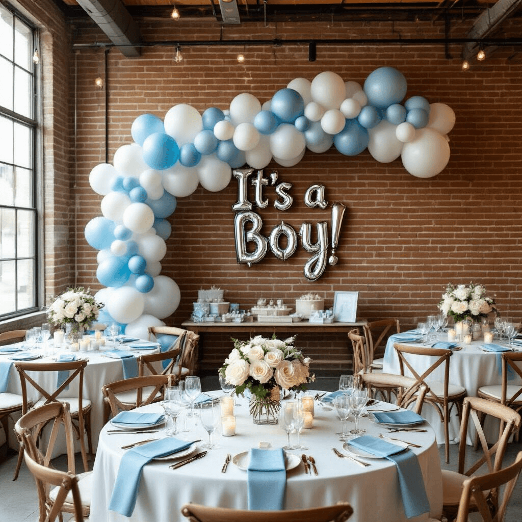 Baby Boy Balloons: The Ultimate Guide to Celebrating Your Little Prince An elegant indoor baby celebration featuring a modern chrome blue, white, and nude balloon garland against a brick wall, round tables with crisp white linens, glass chargers, soft blue napkins, and centerpieces of white roses in clear vases with floating candles, alongside a gift table with wrapped presents and a 'It's a Boy!' foil balloon, captured in an overhead shot.