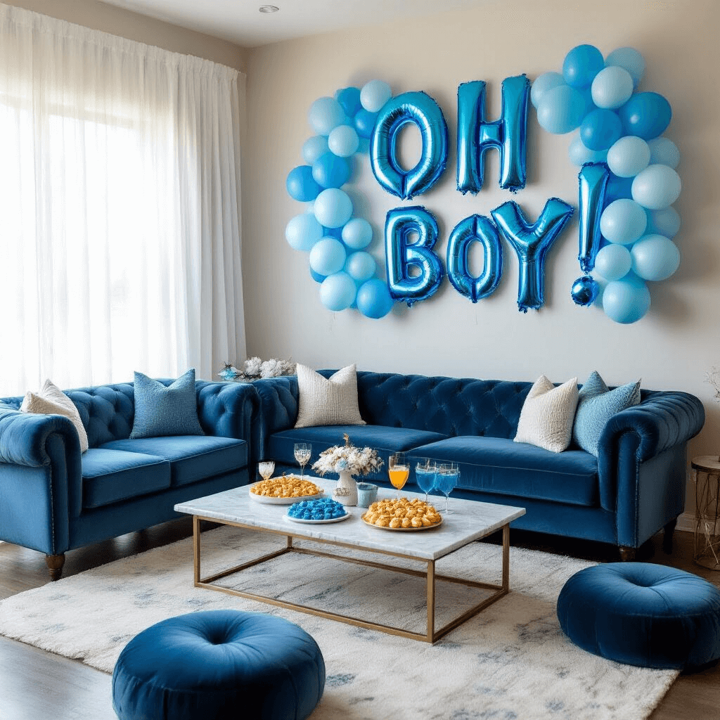 Baby Boy Balloons: The Ultimate Guide to Celebrating Your Little Prince A cozy living room set up for a gender reveal party, featuring a DIY balloon installation spelling 'Oh Boy!' in blue shades, surrounded by plush velvet sofas and floor cushions, with a low marble coffee table displaying blue appetizers and mocktails, all bathed in soft morning light.