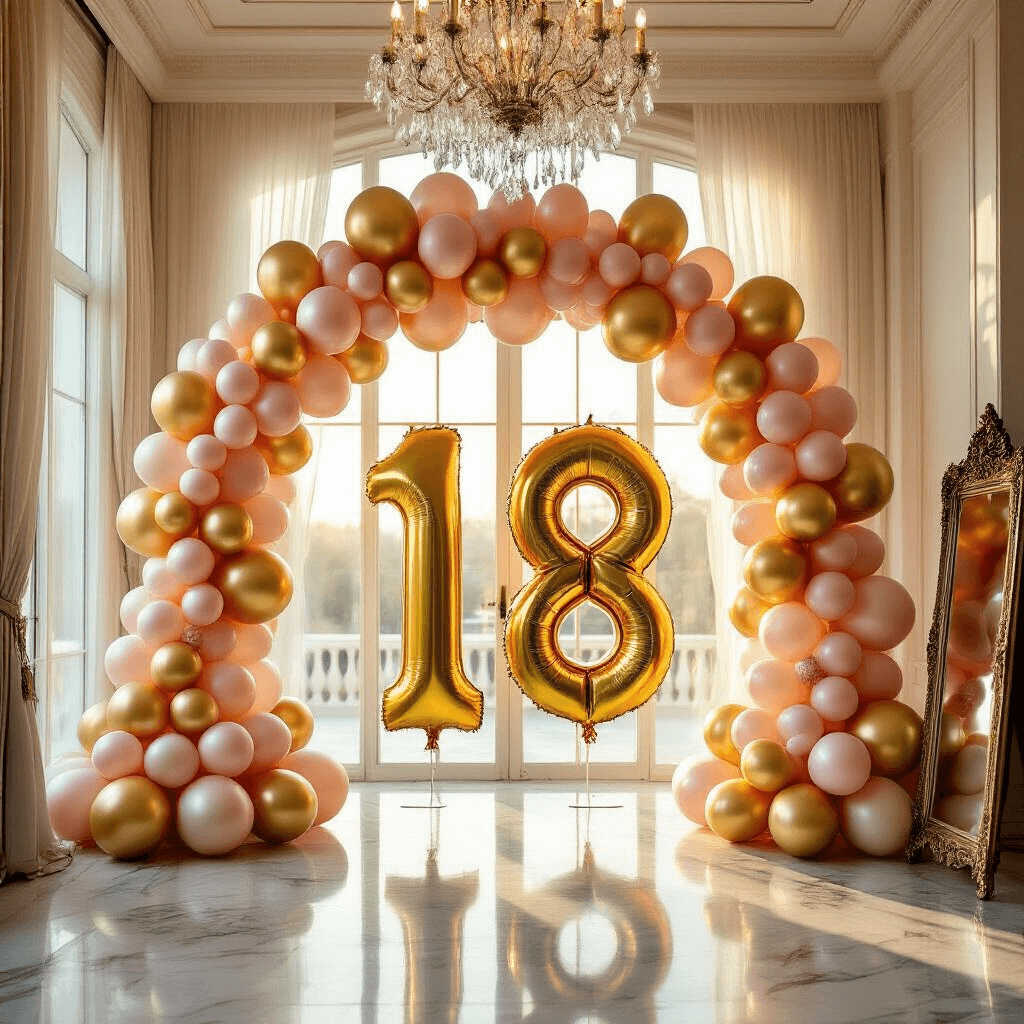 Elevate Your 18th Birthday Bash: The Ultimate Balloon Guide A grand ballroom entrance with a stunning balloon arch featuring oversized gold '18' foil balloons, surrounded by cascading rose gold and blush pink latex balloons. Golden hour light fills the space, highlighting a crystal chandelier and reflecting off the marble flooring, with sheer ivory drapery adding softness. An ornate gold frame mirror is nearby, creating a luxurious and celebratory atmosphere.