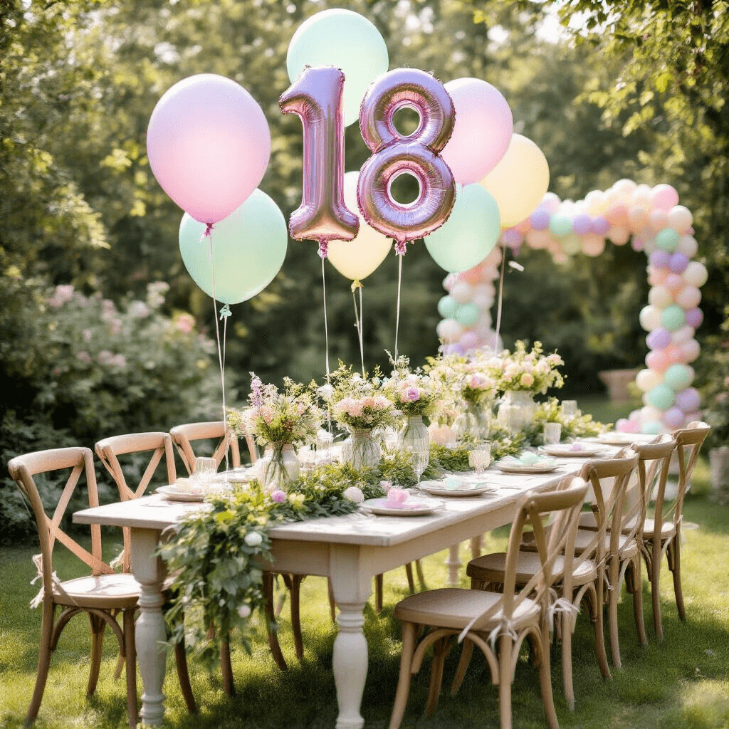 Elevate Your 18th Birthday Bash: The Ultimate Balloon Guide A whimsical garden party setup featuring a long farmhouse table with a greenery and pastel flower runner, oversized iridescent '18' balloons, vintage milk bottles with wildflowers, mismatched chairs with balloon bouquets, and a DIY photo booth with an ombré pastel balloon garland, all bathed in soft morning light.