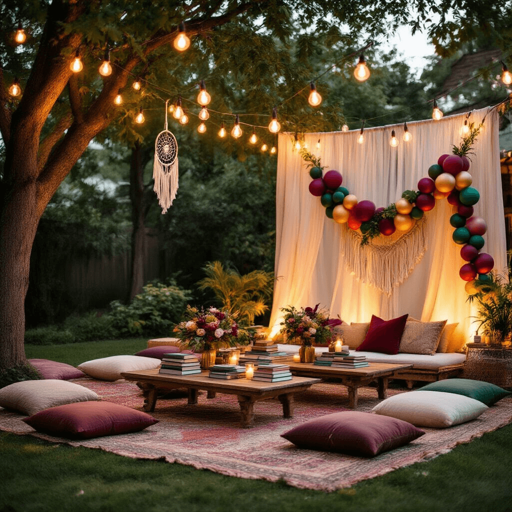 Elevate Your 18th Birthday Bash: The Ultimate Balloon Guide A cozy backyard celebration at golden hour with market lights, a boho-chic lounge area featuring low tables and plush floor pillows. Eclectic centerpieces include vintage books and balloon bouquets in jewel tones, with sheer drapery and an organic balloon garland in burgundy, forest green, and gold. Macramé plant hangers and dream catchers add texture, creating an intimate atmosphere for an 18th birthday gathering.