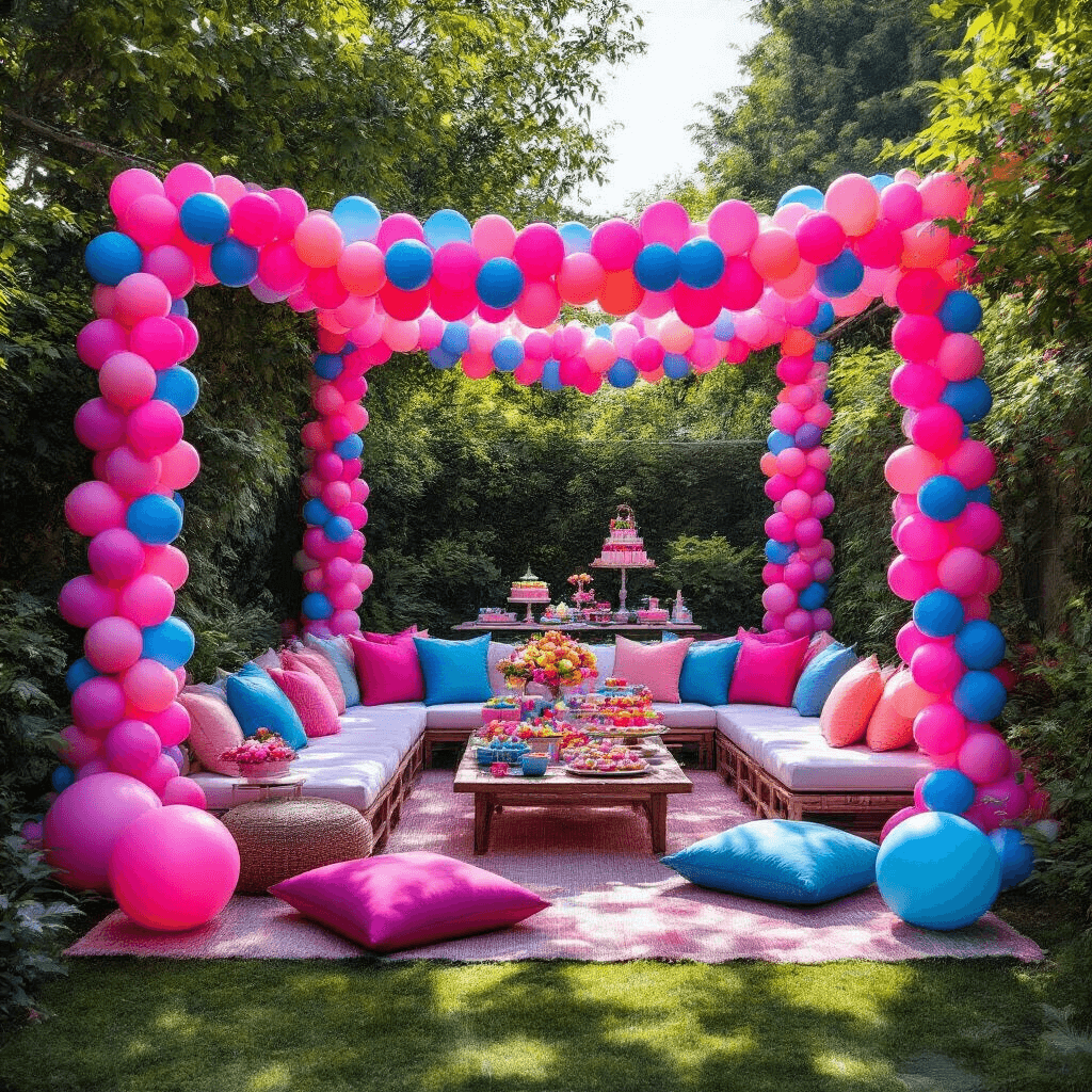2025 Balloons: The Ultimate Guide to Stunning Event Decor and Photography Vibrant outdoor garden party scene with neon pink and electric blue balloon garlands, a cozy lounge area with low tables and plush floor cushions, colorful dessert cart, and lush green garden, all captured in natural midday sunlight from an overhead perspective.