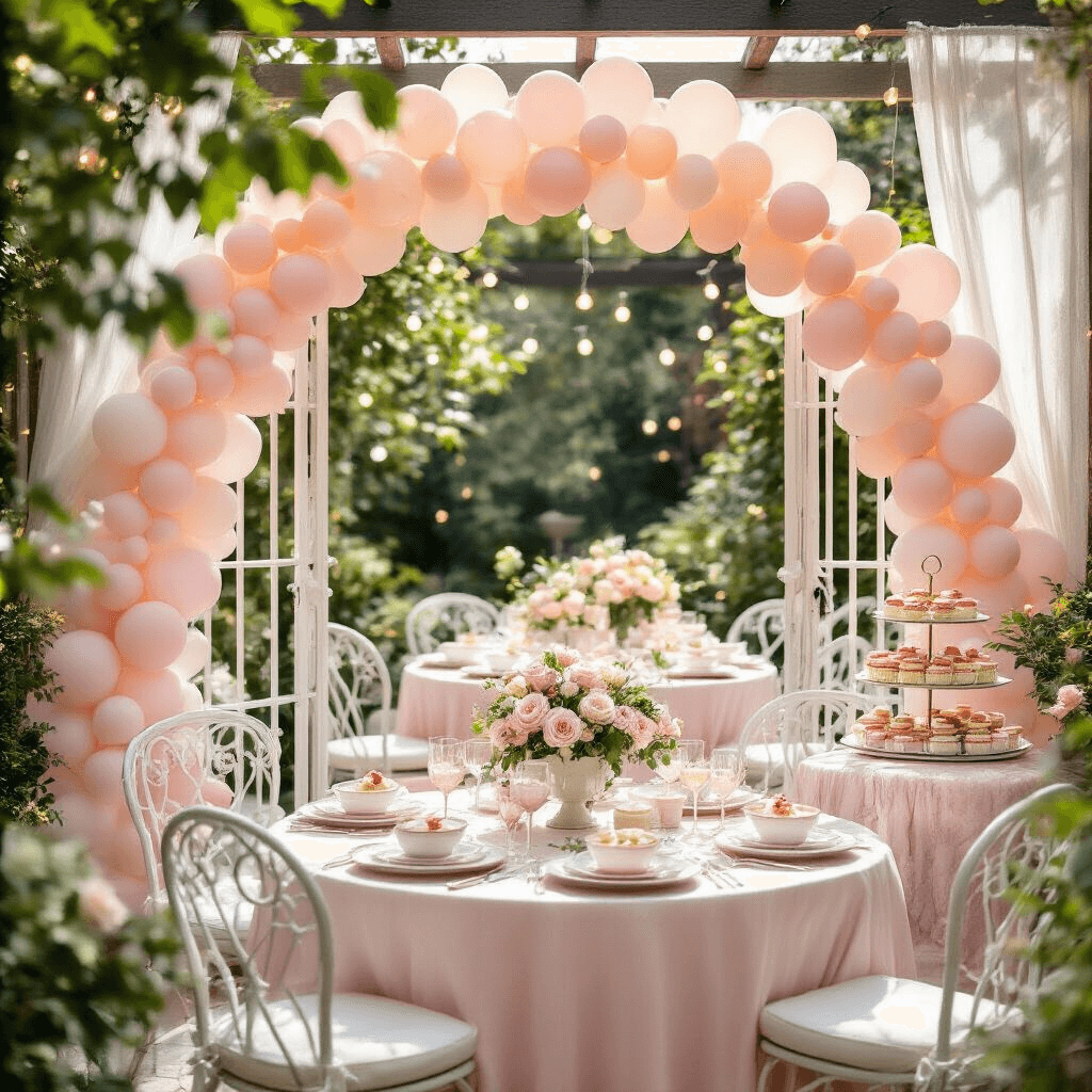 Magical Mother's Day Balloon Decor: The Ultimate Styling Guide A beautifully decorated garden terrace for Mother's Day brunch, featuring pastel balloon arch, tables with blush pink linens, floral centerpieces, and a dessert cart with sweet treats, all illuminated by fairy lights and softened by natural sunlight.