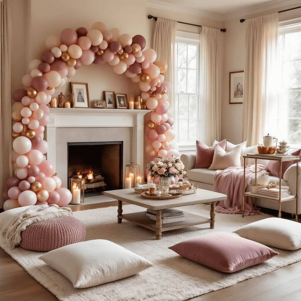 Magical Mother's Day Balloon Decor: The Ultimate Styling Guide Cozy Mother's Day living room with a low coffee table, plush floor cushions in cream and dusty rose, an ombre pink and gold balloon garland, a fireplace mantel adorned with candles and framed photos, textured throw blankets and silk pillows, and a tea service cart, all bathed in warm golden hour light.