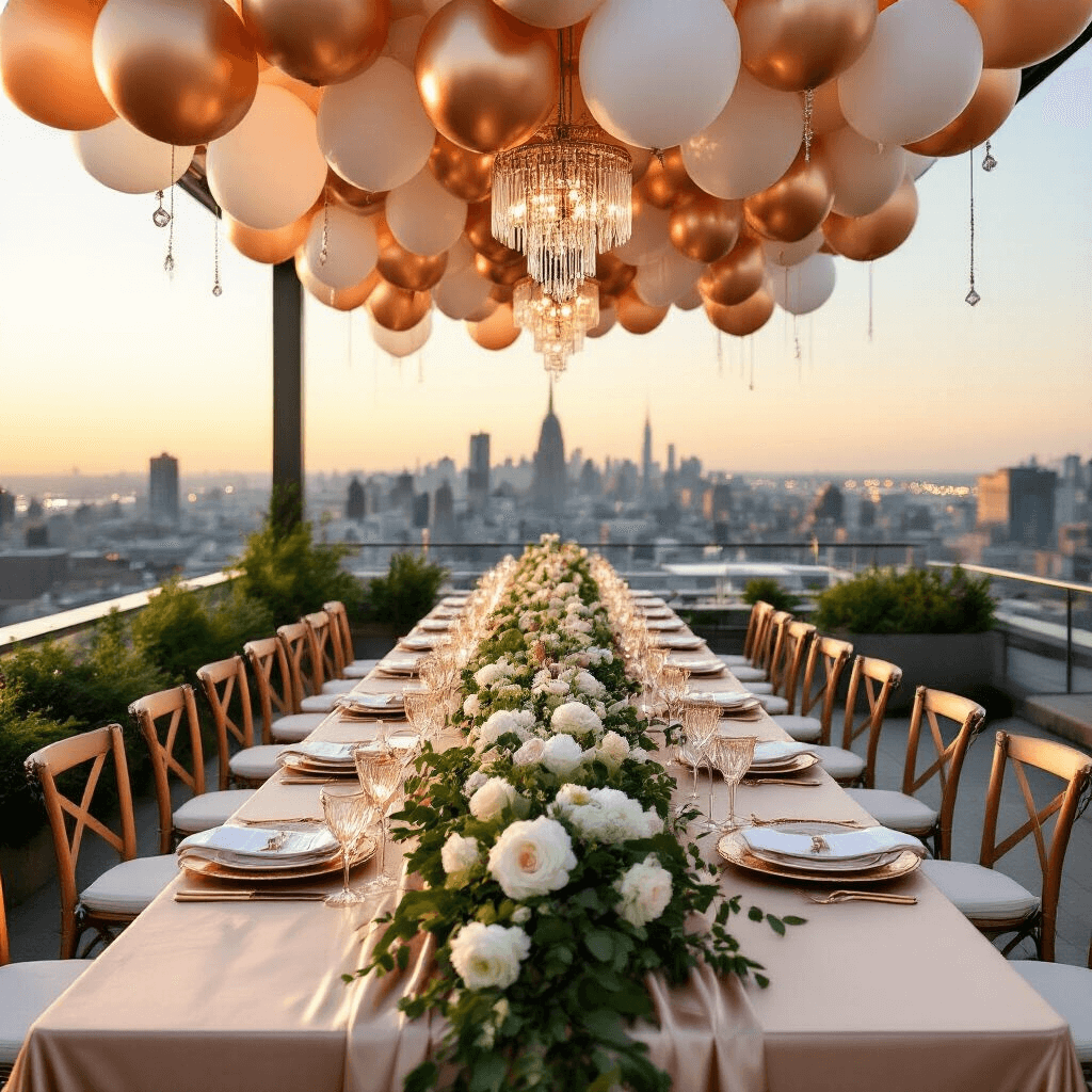 Magical Mother's Day Balloon Decor: The Ultimate Styling Guide A chic rooftop terrace adorned for a glamorous Mother's Day soirée, featuring a long banquet table draped in champagne silk, gold-rimmed glassware, rose gold and white balloons overhead, and lush greenery with white florals down the center, with twinkling city lights and a dusky sky in the background.
