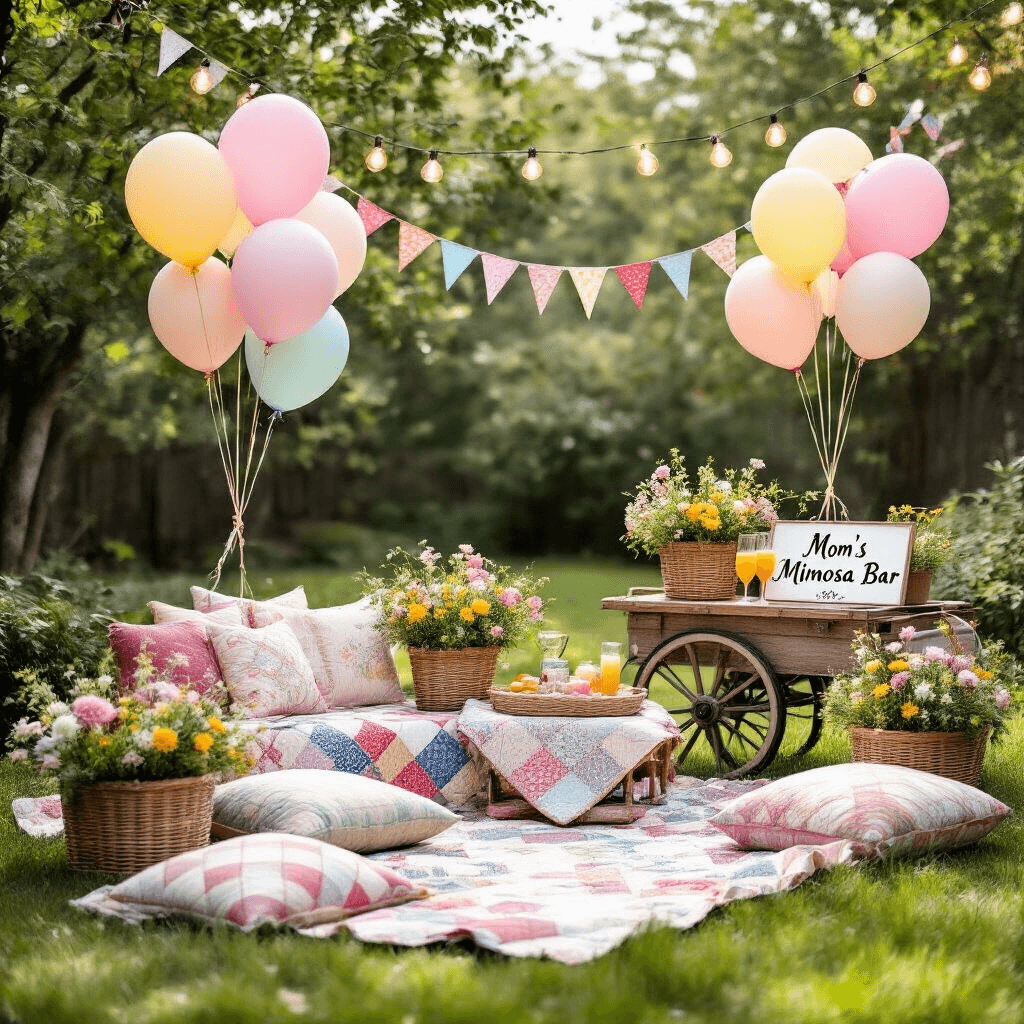 Magical Mother's Day Balloon Decor: The Ultimate Styling Guide A charming Mother's Day picnic scene featuring patchwork quilts, cushions on grass, pastel balloons, a wicker basket with wildflowers, a rustic drink cart labeled 'Mom's Mimosa Bar,' and string lights overhead, all bathed in soft late afternoon light.