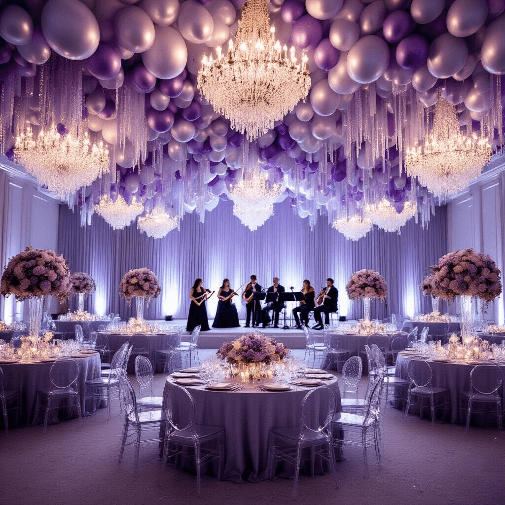 Magical Mother's Day Balloon Decor: The Ultimate Styling Guide An elegant ballroom set for a Mother's Day luncheon, featuring crystal chandeliers, lavender and silver balloon installations, round tables with silvery-grey linens and floral arrangements, ghost chairs, a balloon arch, and a string quartet on stage, all illuminated by soft lighting.