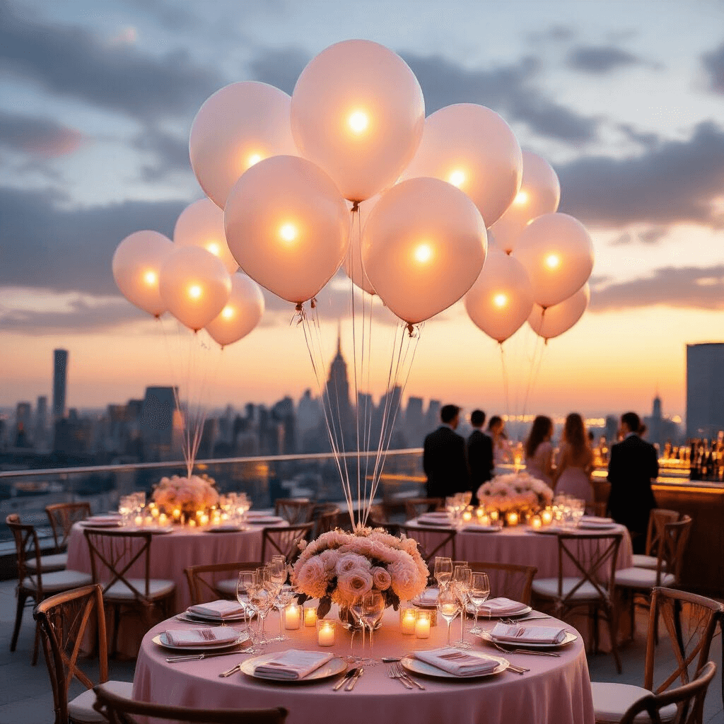 Illuminating Celebrations: The Ultimate Guide to Light Balloons for Unforgettable Events A picturesque rooftop terrace at golden hour, with clusters of illuminated balloons and elegant tables adorned with blush pink linens and floral centerpieces, as guests enjoy drinks against a stunning city skyline.