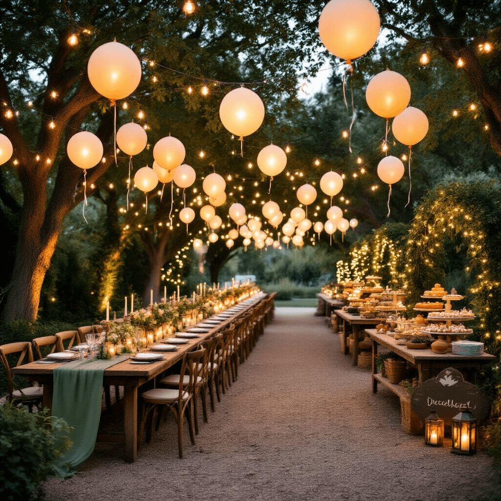 Illuminating Celebrations: The Ultimate Guide to Light Balloons for Unforgettable Events A beautifully decorated garden wedding reception at dusk, featuring twinkling light balloons, long farmhouse tables with sage green runners, vintage lanterns, a dessert cart, and lush greenery with fairy lights.