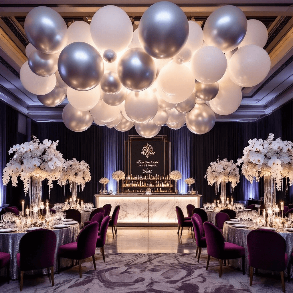 Illuminating Celebrations: The Ultimate Guide to Light Balloons for Unforgettable Events A luxurious ballroom decorated for New Year's Eve with oversized silver and white light balloons, shimmering metallic table linens, tall floral arrangements of white orchids, a dramatic marble bar with art deco signage, and intimate velvet lounge areas in jewel tones.