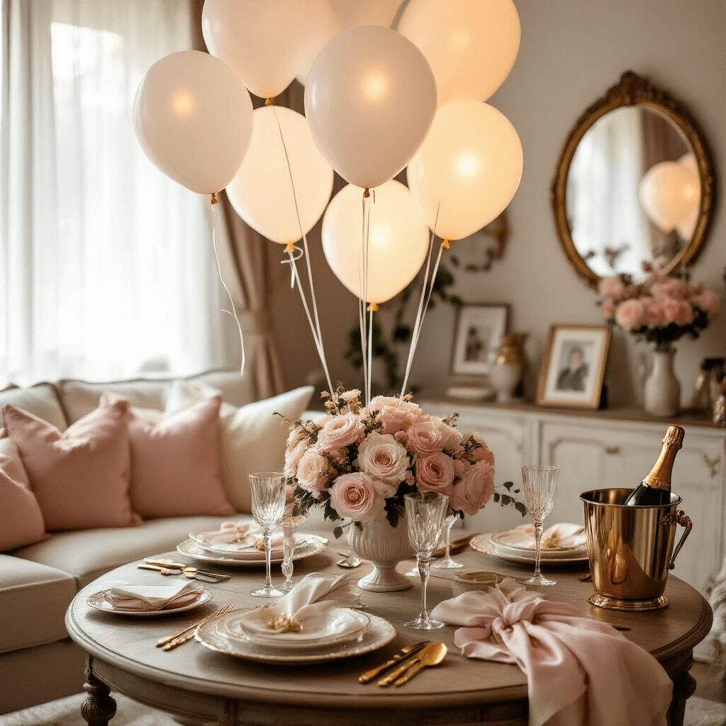 Illuminating Celebrations: The Ultimate Guide to Light Balloons for Unforgettable Events An intimate anniversary dinner setup in a cozy living room with warm lighting, featuring a beautifully arranged coffee table with fine china, crystal stemware, gold cutlery, and blush pink floral decorations in vintage vases. The space includes sheer drapery, mirrors enhancing the romantic atmosphere, and personal touches like framed photos and love notes, with a champagne bucket ready for toasting.