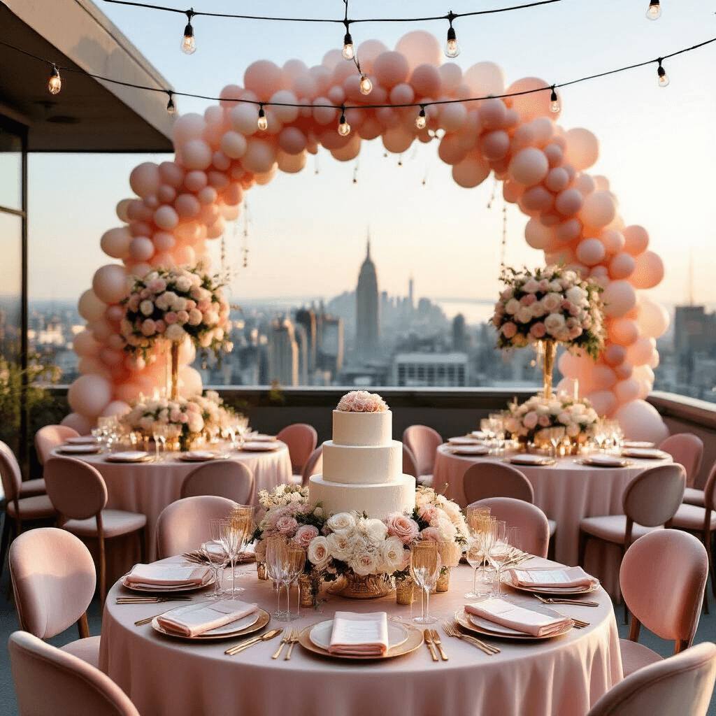 Incredible Birthday Balloons Pictures: Your Ultimate Guide to Stunning Visual Celebrations An elegant birthday soirée on a sunlit rooftop terrace featuring round tables with blush silk linens, tall floral centerpieces, a grand ombré balloon arch, and strings of fairy lights. A dessert cart with a tiered naked cake and gold-rimmed champagne flutes is in the foreground, illuminated by soft evening light.