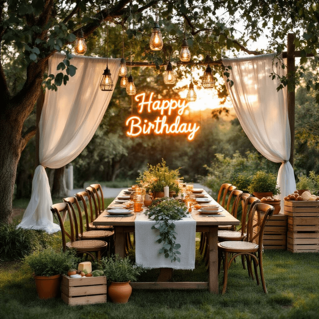 Incredible Birthday Balloons Pictures: Your Ultimate Guide to Stunning Visual Celebrations An intimate backyard gathering at golden hour, featuring a long farmhouse table adorned with fresh eucalyptus, terracotta pots of herbs, mismatched vintage chairs, and warm copper lanterns. A billowing backdrop of sheer white drapes frames a neon 'Happy Birthday' sign, while wooden crates nearby display artisanal cheeses and fresh fruits. Mason jars with tea lights hang from tree branches, enhancing the dreamy atmosphere.