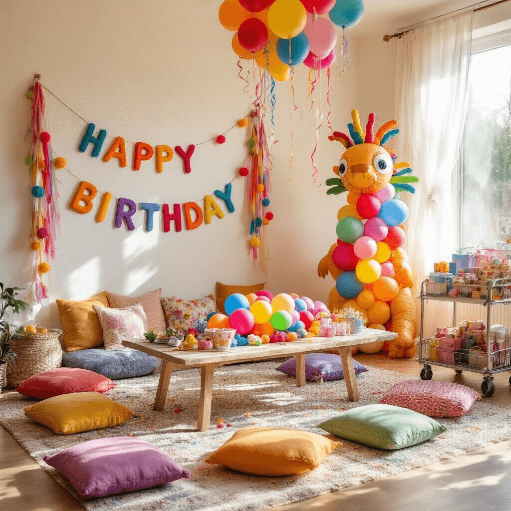Incredible Birthday Balloons Pictures: Your Ultimate Guide to Stunning Visual Celebrations A vibrant children's birthday party scene featuring a low table surrounded by colorful floor cushions, decorated with balloons and streamers. A felt banner reading 'Happy Birthday' hangs on the wall, while a balloon sculpture of a fantastical creature stands in the corner. Pom-pom garlands adorn the ceiling, and a cart brimming with wrapped presents is nearby, all illuminated by sunlight filtering through gauzy curtains.