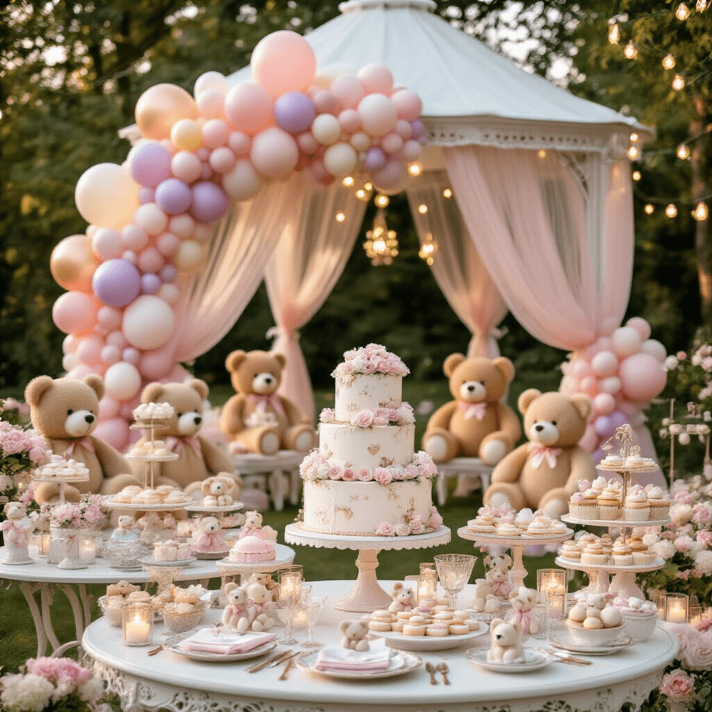 Teddy Bear and Balloons: The Ultimate Party Theme Guide A whimsical garden party scene featuring a white gazebo draped in blush fabric and adorned with a pastel balloon arch. Oversized teddy bears are scattered throughout, some holding metallic balloons. Round tables are set with floral china and teddy bear place card holders, illuminated by string lights and candles. An ornate dessert cart showcases a tiered cake surrounded by cupcakes and cookies with teddy bear motifs.