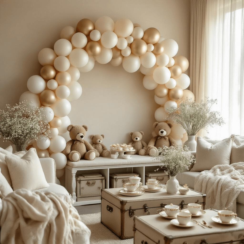 Teddy Bear and Balloons: The Ultimate Party Theme Guide A cozy baby shower setup in a living room with warm light, featuring a DIY balloon installation, plush teddy bears, elegant tea settings, and vases of baby's breath and eucalyptus among neutral tones.