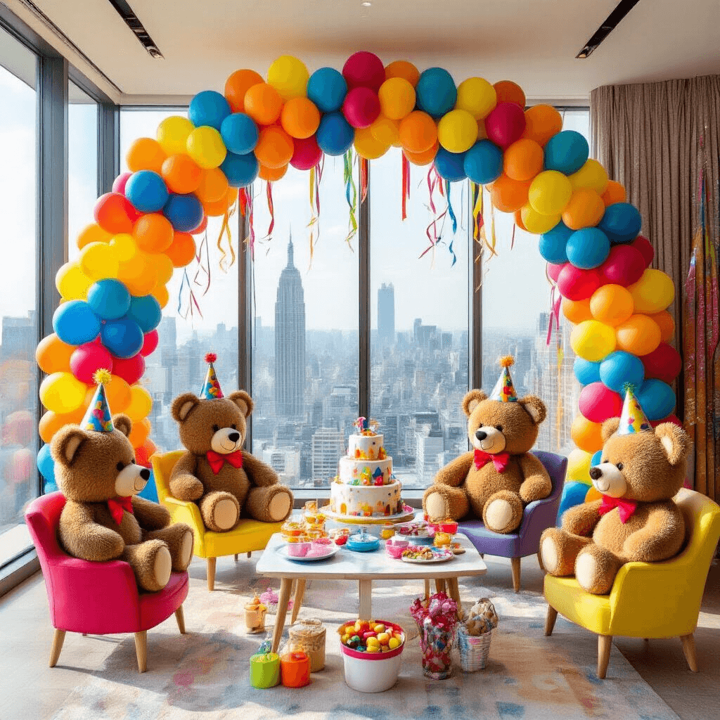 Teddy Bear and Balloons: The Ultimate Party Theme Guide A vibrant children's birthday celebration in a modern apartment with floor-to-ceiling windows overlooking a cityscape, featuring a bold primary color palette, a balloon arch, teddy bears in party hats at a tea party, a DIY photo booth with colorful streamers and oversized props, and a whimsical teddy bear-shaped cake surrounded by festive treats.