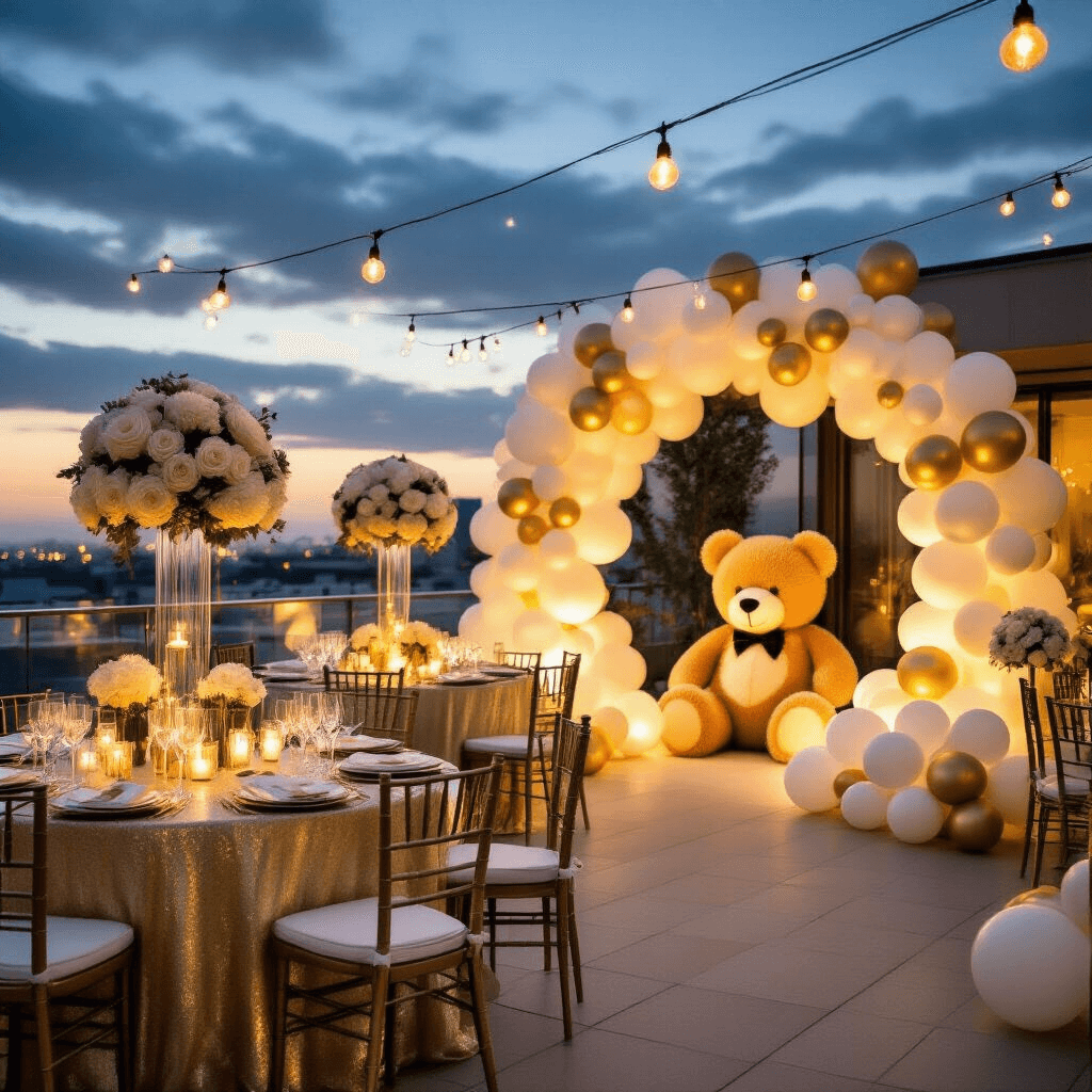 Teddy Bear and Balloons: The Ultimate Party Theme Guide An elegant rooftop terrace party at twilight with fairy lights, lanterns, and a shimmering color scheme of gold, ivory, and mint green. Round tables with gold linens display white roses and baby's breath centerpieces, each accompanied by a teddy bear in a bow tie. A dramatic balloon installation creates an arch over the bar area, where champagne flutes are arranged, and a photo op area features a giant teddy bear surrounded by gold and ivory balloons.