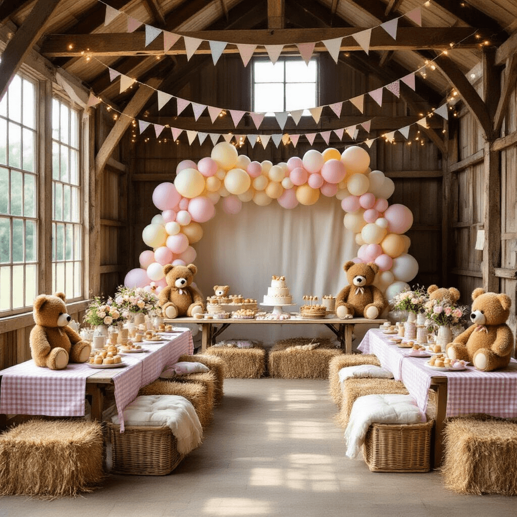 Teddy Bear and Balloons: The Ultimate Party Theme Guide A rustic barn interior decoratively arranged for a teddy bear picnic celebration, featuring sunlight streaming through windows, wooden beams with fairy lights, long tables set with gingham runners and teddy bear place settings, a dessert table with bear-shaped cookies and a naked cake, hay bale seating areas with blankets and teddy bears, and picnic baskets with party favors.