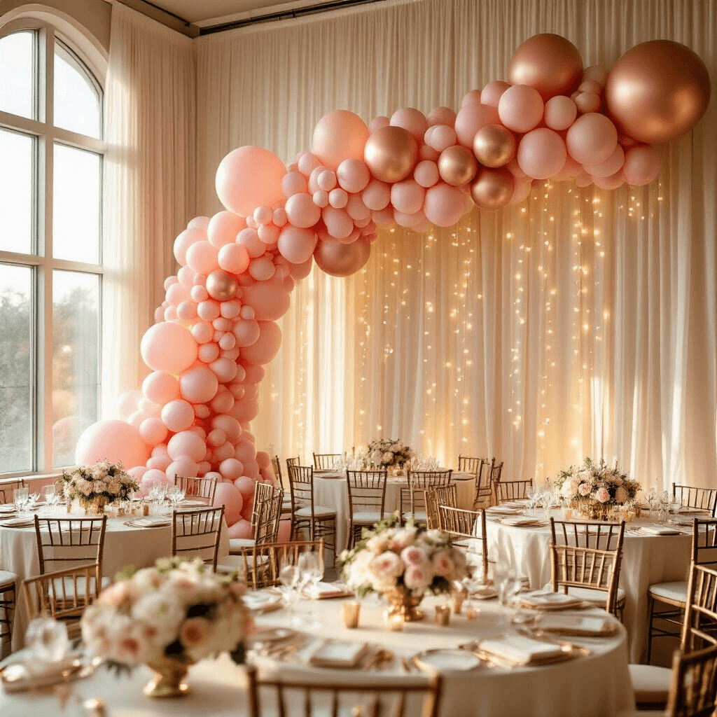 Pink Balloons Aesthetic: The Ultimate Guide to Creating Instagram-Worthy Celebrations A grand indoor ballroom illuminated by golden hour sunlight, featuring an elaborate pink balloon garland, round tables with ivory linens and fresh white peonies, and delicate fairy lights, captured in a wide-angle view.