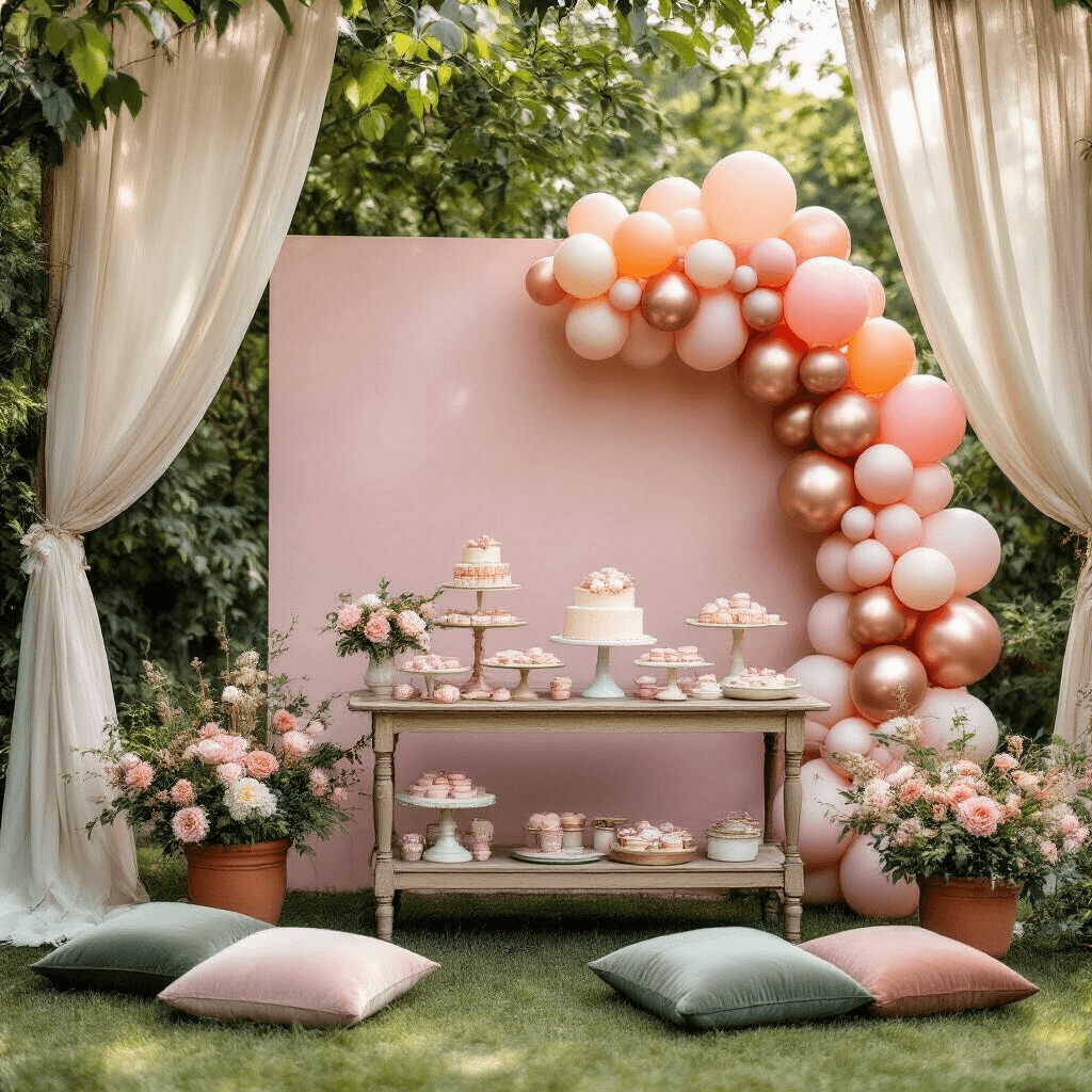 Pink Balloons Aesthetic: The Ultimate Guide to Creating Instagram-Worthy Celebrations An intimate garden party setup in soft morning light featuring a whimsical pink balloon backdrop, vintage dessert cart with pastel treats, flowing cream drapery, sage green velvet cushions for seating, and fresh florals in terracotta pots.